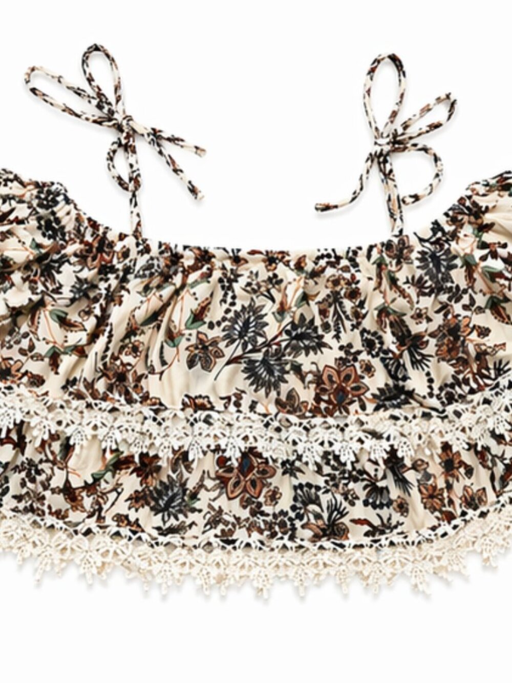 Boho Floral Off Shoulder Crop Top Lace Trim Tie Strap Size L